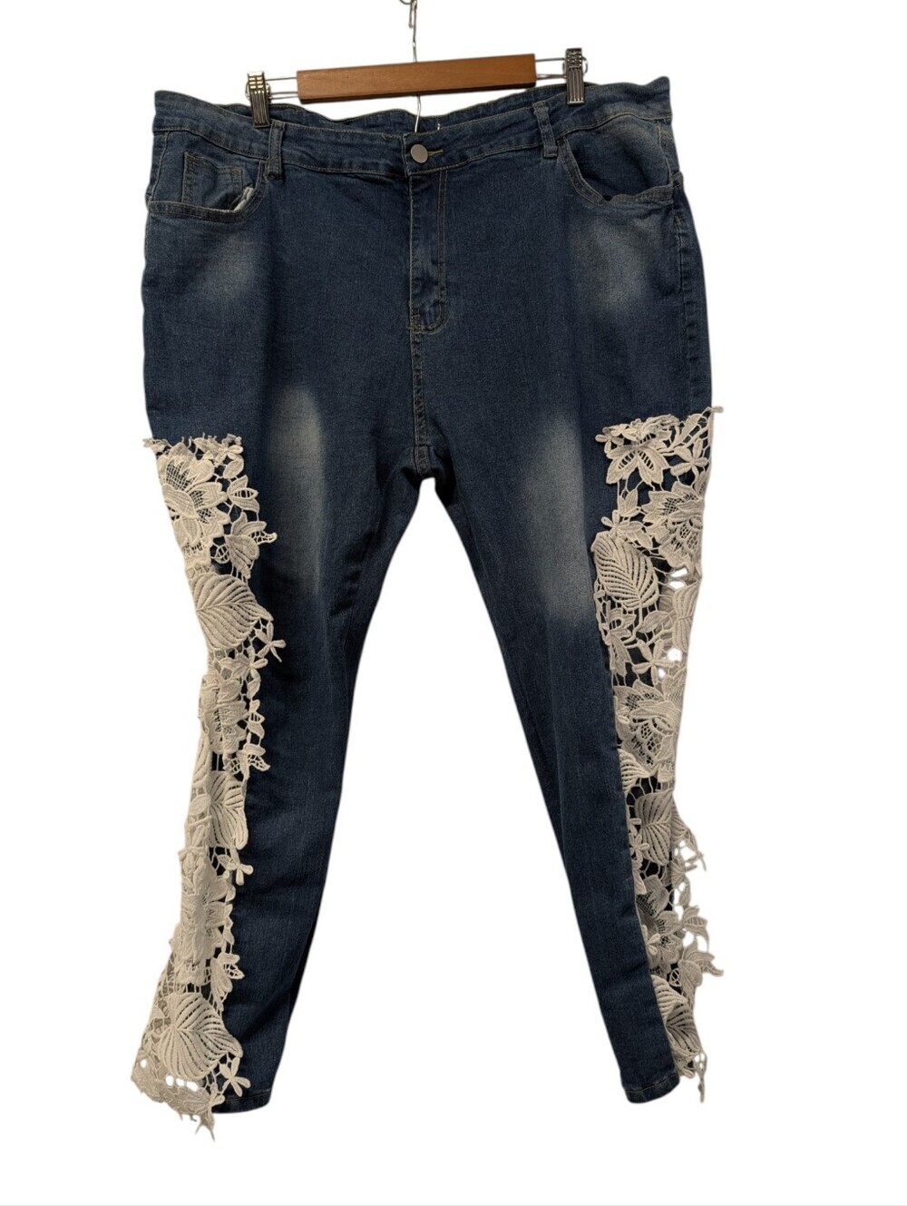 5XL Plus Size Blue Denim Jeans White Floral Lace Side Panels Inserts Skinny Fit